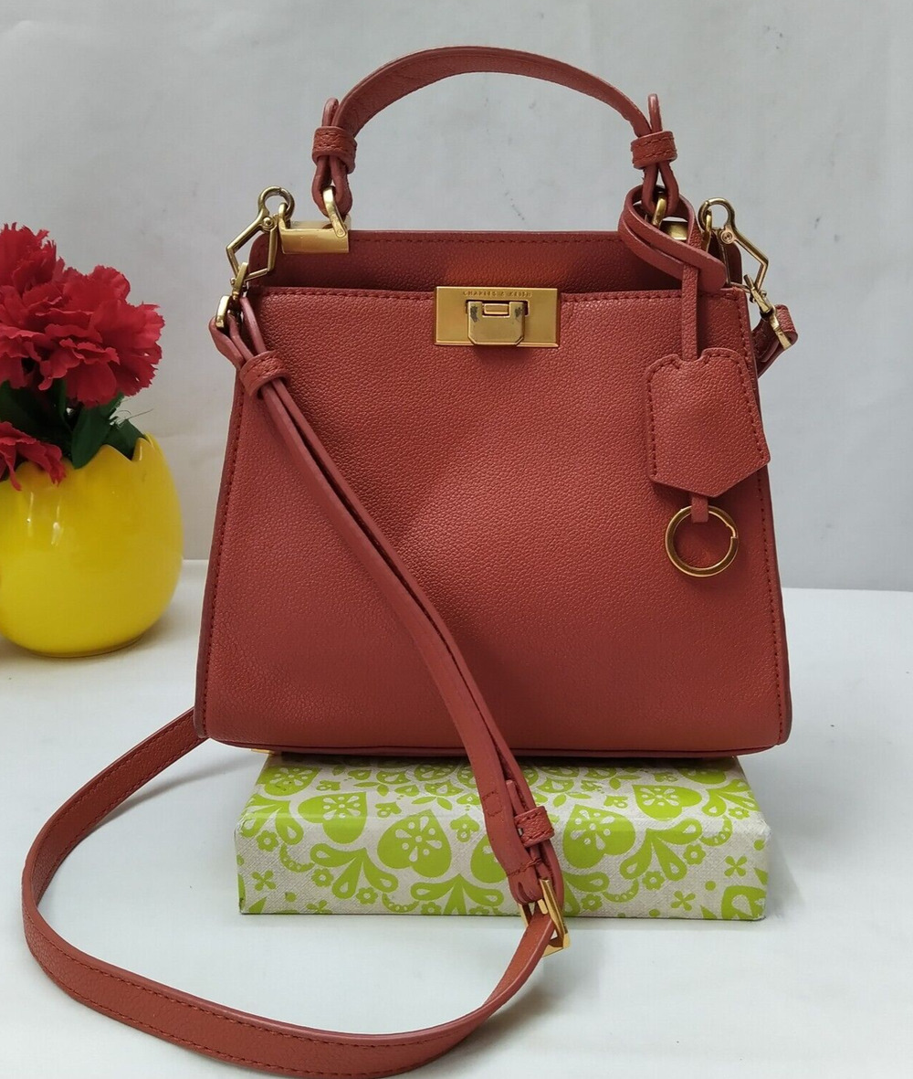 CHARLES & KEITH Orange Leather Pushlock Top Handle Satchel Crossbody Bag